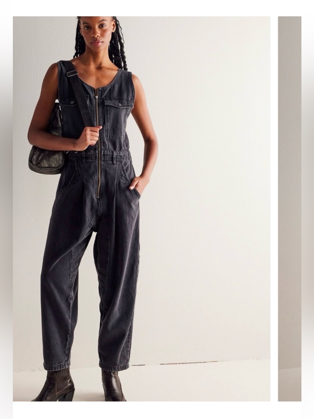 NWT We the Free Women's Washed Black Denim Zip-Front Jumpsuit XS